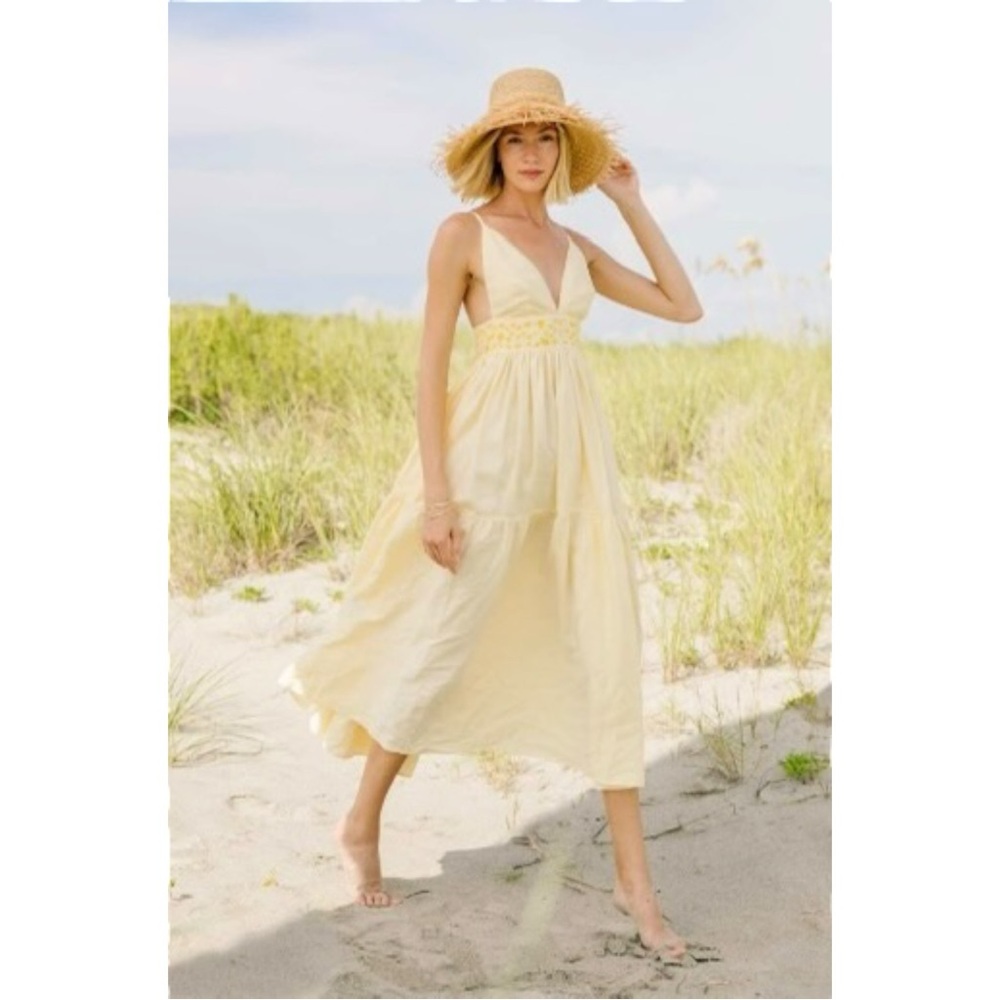 NWT Fanm Mon Ruzgar Dress - Yellow Linen V-Neck Adjustable Strap Midi Maxi Dress